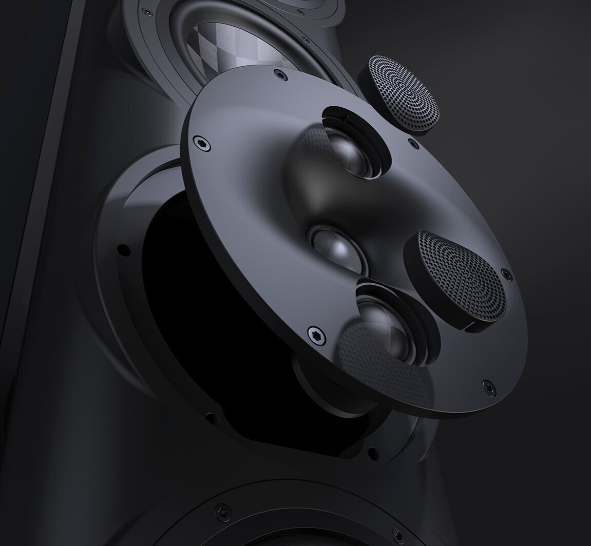 Perlisten S7t DPC Array exploded view showing beryllium tweeter flanked by dual midrange domes in aluminum waveguide