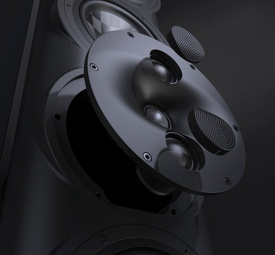 Perlisten S7t DPC Array exploded view showing beryllium tweeter flanked by dual midrange domes in aluminum waveguide