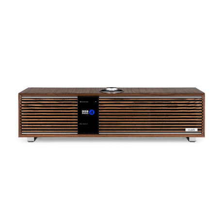 Ruark Audio R410 All-In-One Music System in Walnut, front view with BBC Radio 4 display