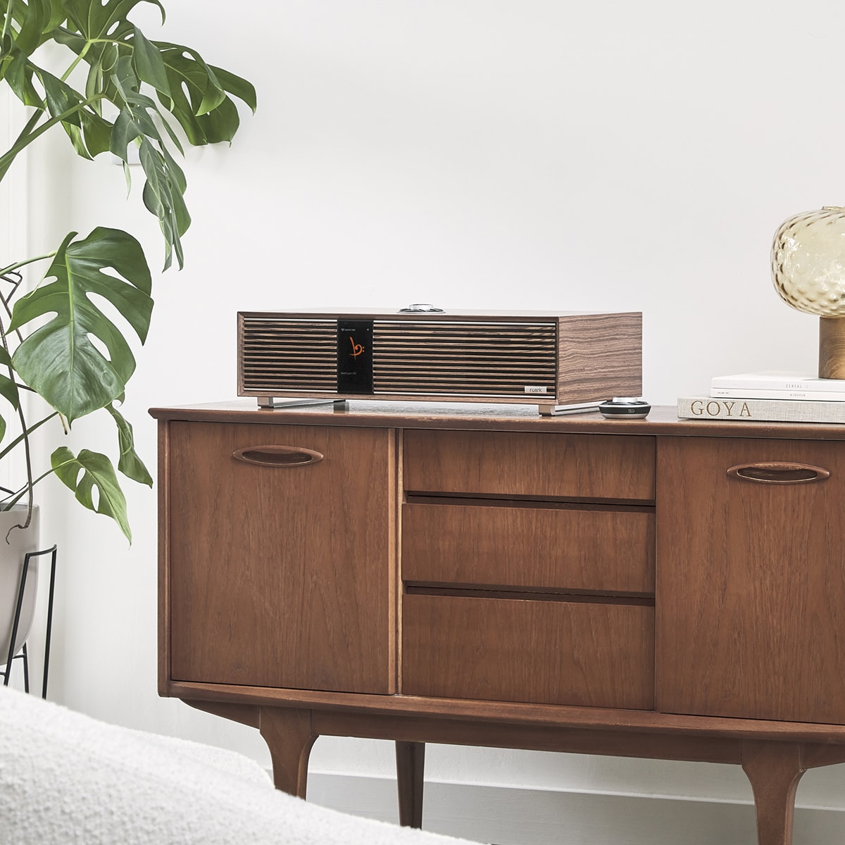 Ruark Audio R410 All-In-One Music System in Walnut, lifestyle on mid-century walnut credenza