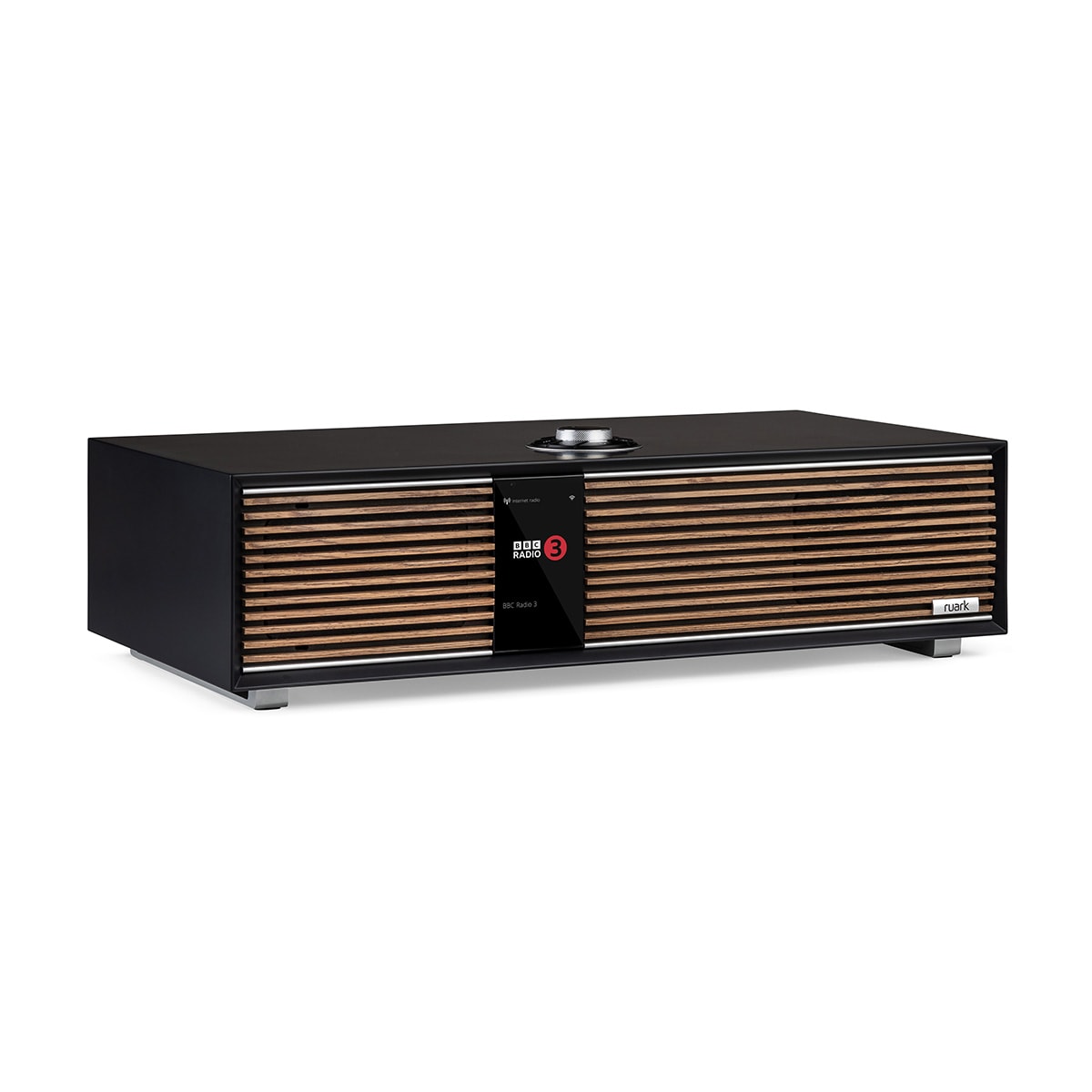 Ruark Audio R410 All-In-One Music System in Satin Charcoal, three-quarter view with display showing BBC Radio 3