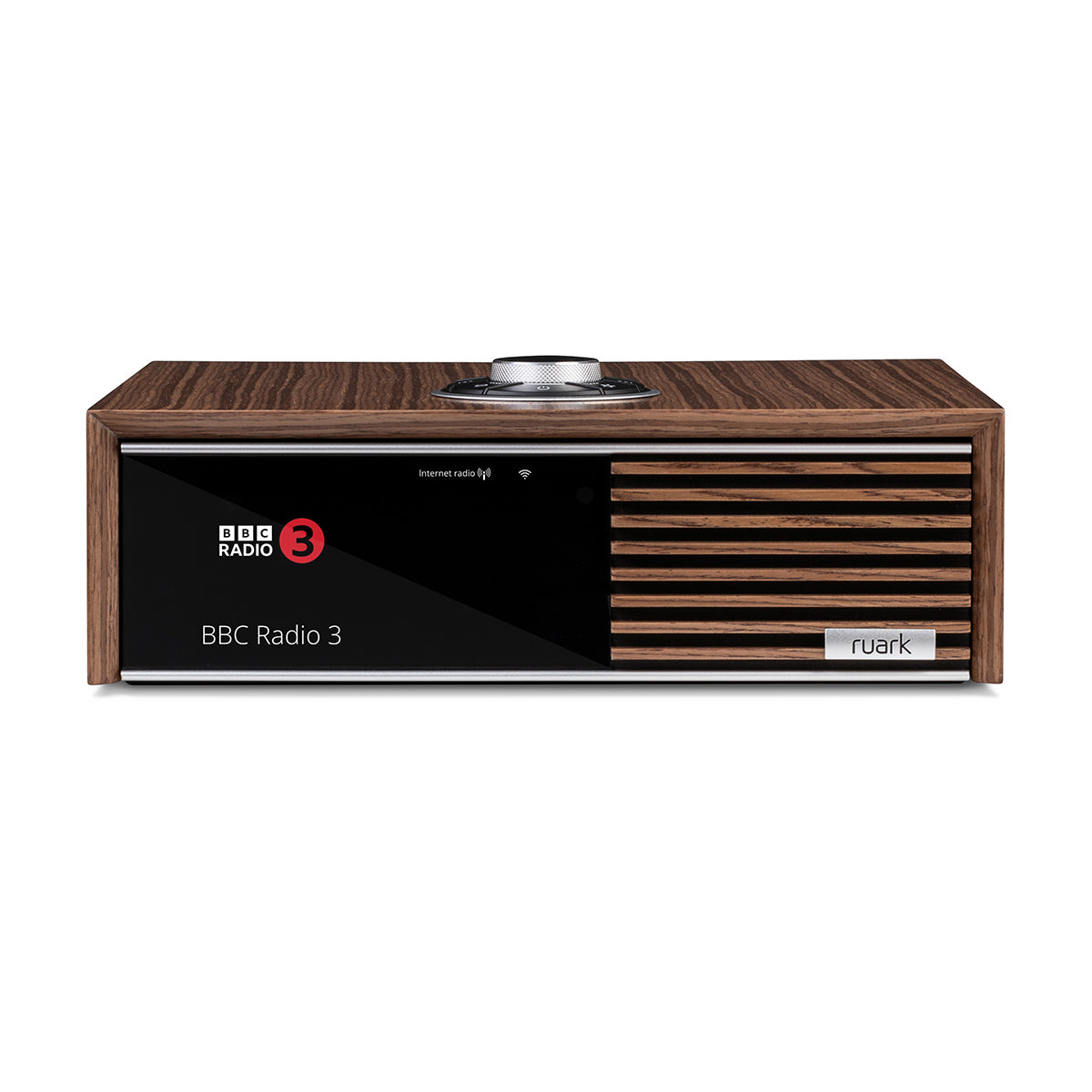 Ruark Audio R610 Music Console in Walnut, front view with BBC Radio 3 display