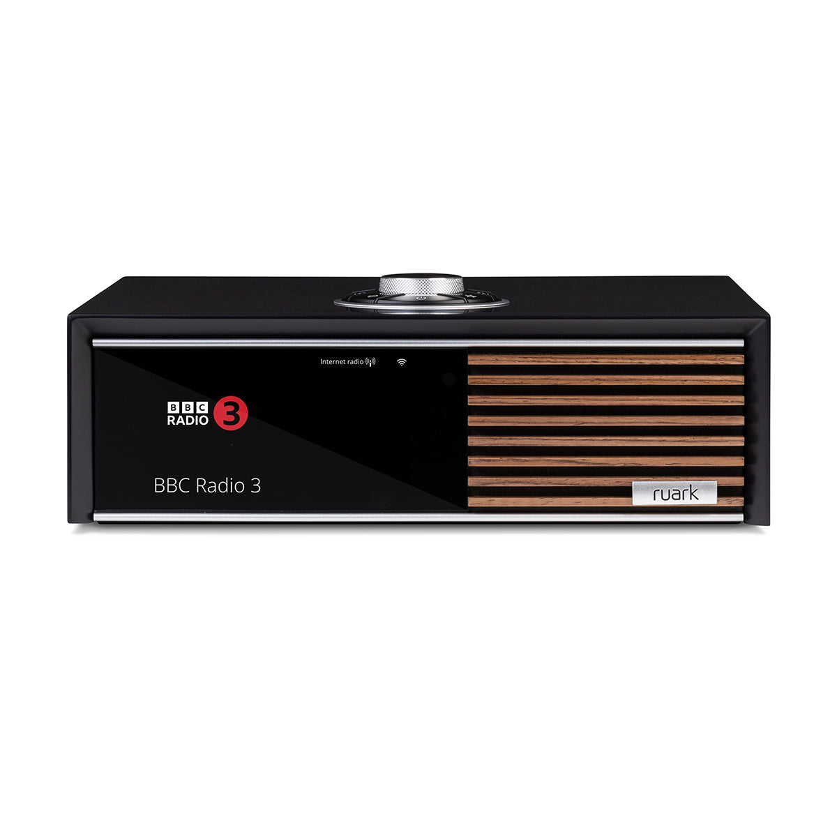 Ruark Audio R610 Music Console in Soft Charcoal, front view with BBC Radio 3 display