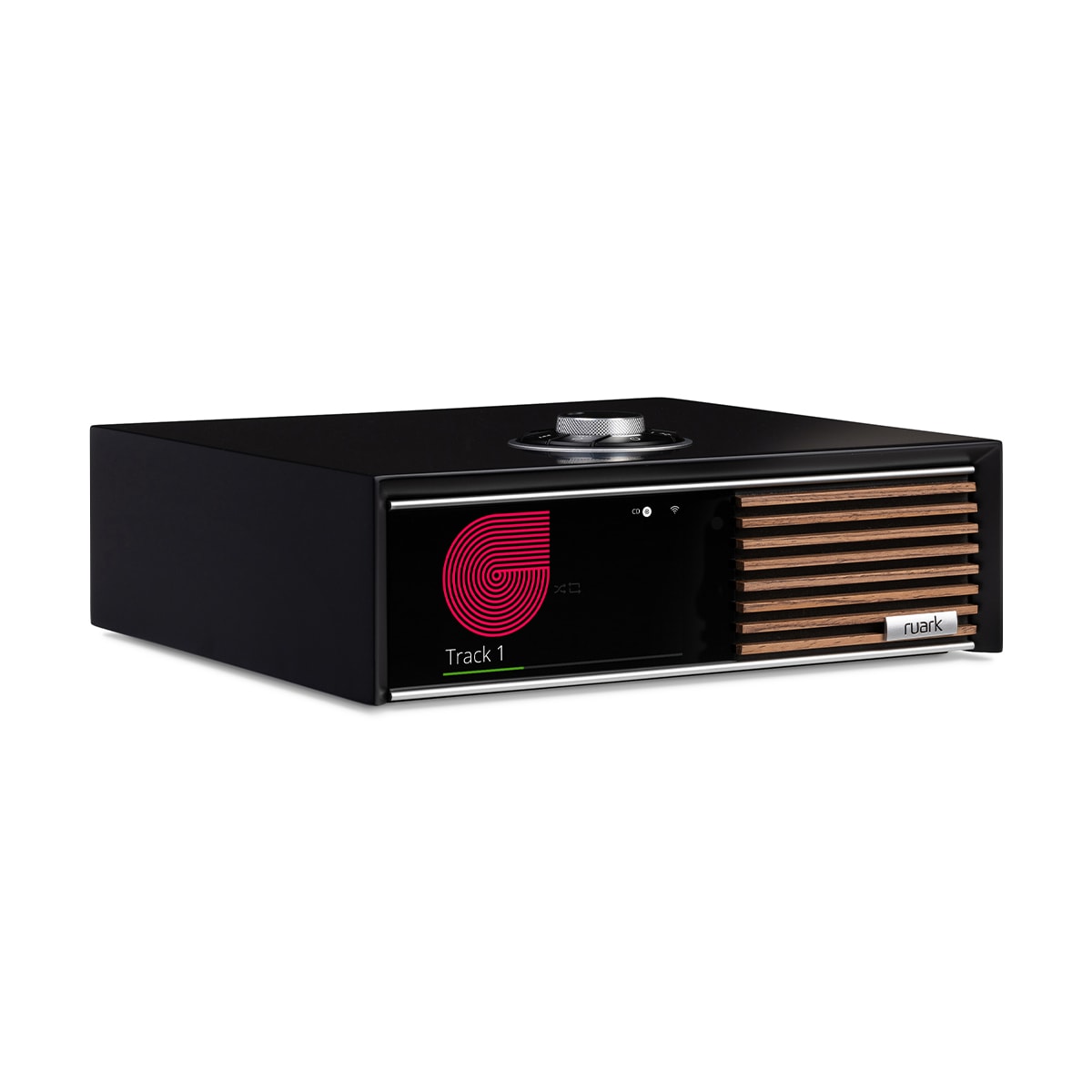 Ruark Audio R610 Music Console in Soft Charcoal with Walnut slat trim, three-quarter view