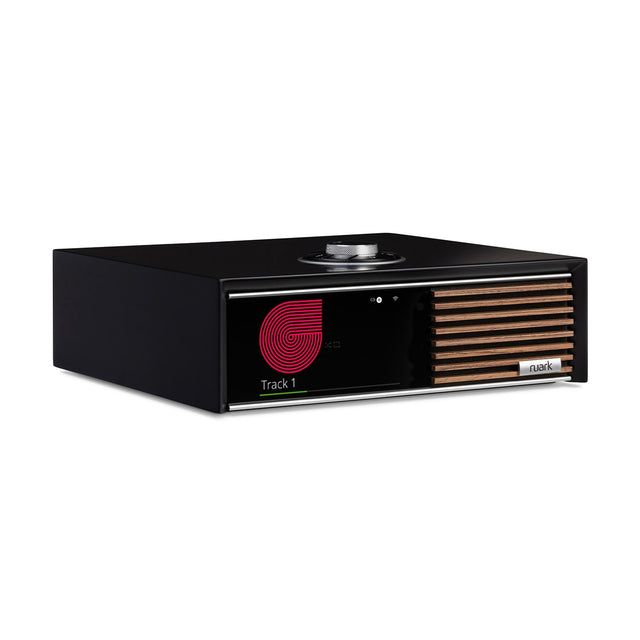 Ruark Audio R610 Music Console in Soft Charcoal with Walnut slat trim, three-quarter view