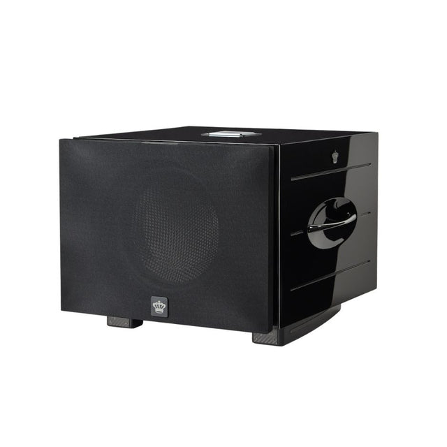 REL Carbon Special Black Label Subwoofer front perspective with black cloth grill