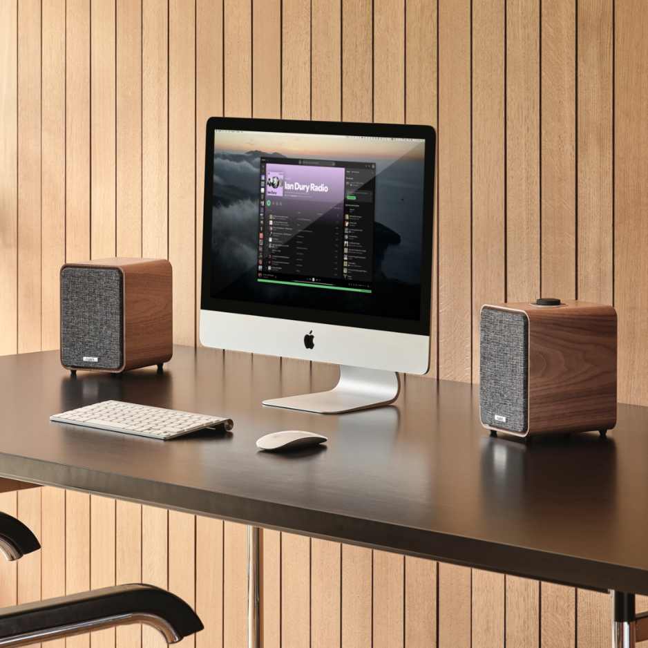 Ruark Audio MR1 MK3 Desktop Speaker System Walnut flanking Mac Computer with Keyboard and Mouse