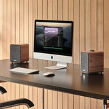 Ruark Audio MR1 MK3 Desktop Speaker System Walnut flanking Mac Computer with Keyboard and Mouse