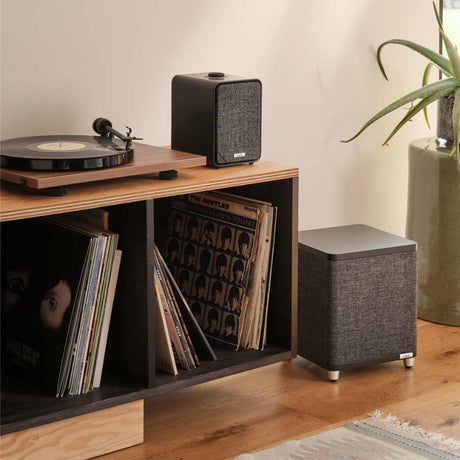 Ruark Audio MR1 MK3 Desktop Speaker with Turntable and RS1 sub next to vinyl hifi furniture 