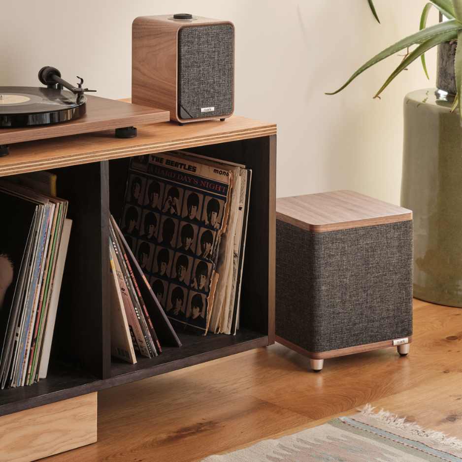 Ruark Audio RS1 Subwoofer - Lifestyle image with RS1 and turntable