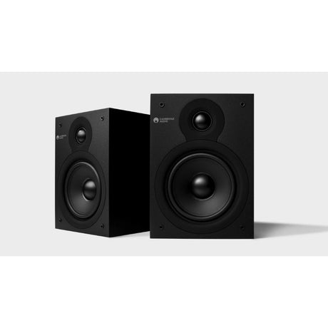 Cambridge Audio SX50 Bookshelf Speakers (Open Box), Black, three-quarter view facing left of grille-off stereo pair