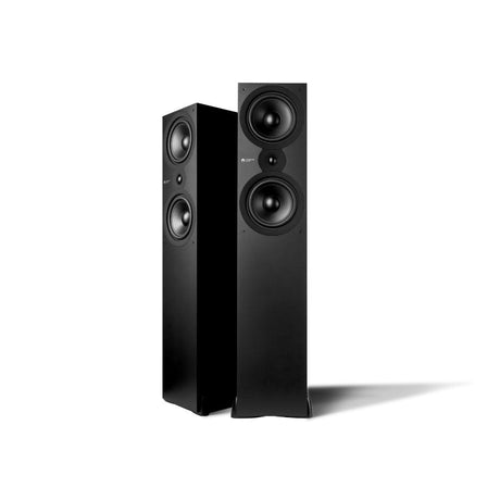Cambridge Audio SX80 Floorstanding Speakers (Open Box), Black, three-quarter view facing left of the pair with grilles removed