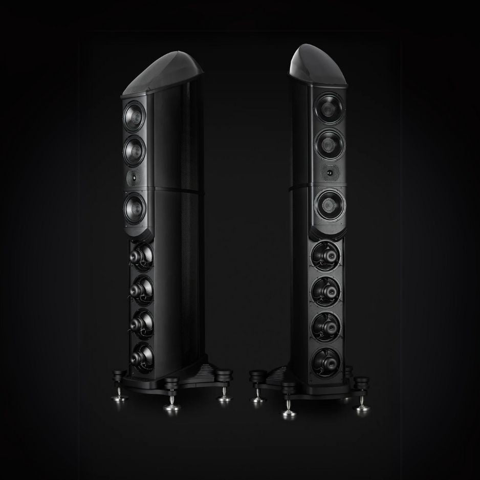 Wilson Benesch Eminence Textured black - all black pair with beautiful lighting ont the front showing off the isobaric drives