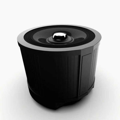 Wilson Benesch IGX Infrasonic Generator subwoofer showing the 18-inch carbon fiber driver and drum-shaped enclosure