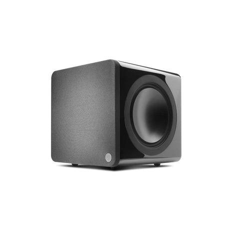 Cambridge Audio MINX X201 Subwoofer (Open Box), Black, three-quarter view facing left showing side-firing driver
