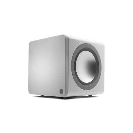 Cambridge Audio MINX X201 Subwoofer (Open Box), White, three-quarter view facing left showing side-firing driver