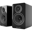 Acoustic Energy AE Active Bookshelf Speakers, Gloss Black, front three-quarter view of stereo pair, grilles removed