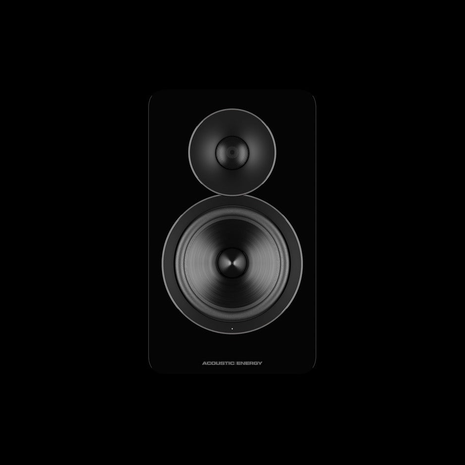 Acoustic Energy AE Active Bookshelf Speakers, Gloss Black, stereo pair styled in a listening room
