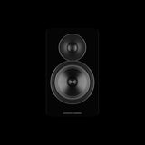Acoustic Energy AE Active Bookshelf Speakers, Gloss Black, stereo pair styled in a listening room