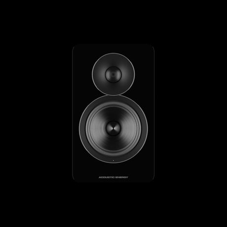 Acoustic Energy AE Active Bookshelf Speakers, Gloss Black, stereo pair styled in a listening room