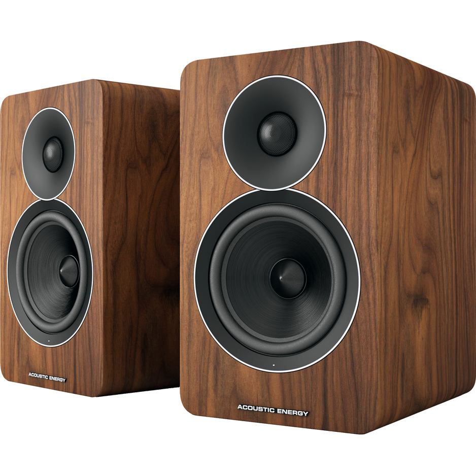 Acoustic Energy AE Active Bookshelf Speakers, Walnut, front three-quarter view of stereo pair, grilles removed