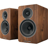 Acoustic Energy AE Active Bookshelf Speakers, Walnut, front three-quarter view of stereo pair, grilles removed