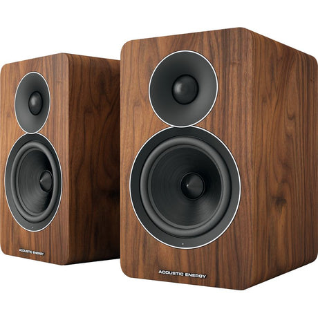 Acoustic Energy AE Active Bookshelf Speakers, Walnut, front three-quarter view of stereo pair, grilles removed