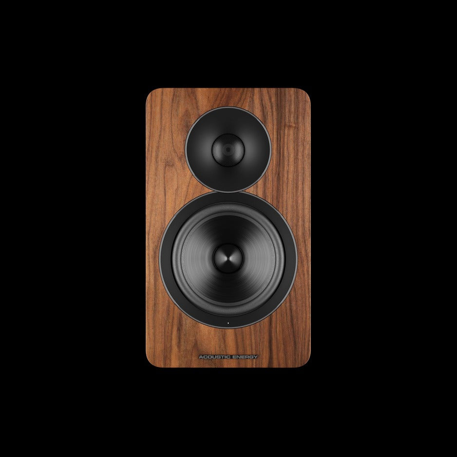 Acoustic Energy AE Active Bookshelf Speakers, Walnut, stereo pair styled in a listening room