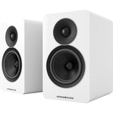 Acoustic Energy AE Active Bookshelf Speakers, Gloss White, front three-quarter view of stereo pair, grilles removed