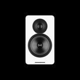 Acoustic Energy AE Active Bookshelf Speakers, Gloss White, stereo pair styled in a listening room
