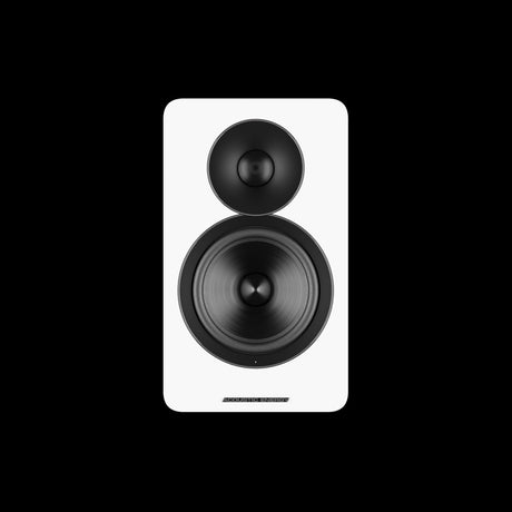 Acoustic Energy AE Active Bookshelf Speakers, Gloss White, stereo pair styled in a listening room