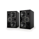 Acoustic Energy AE2 40th Anniversary Edition Bookshelf Speakers, High Gloss Black, three-quarter view of stereo pair