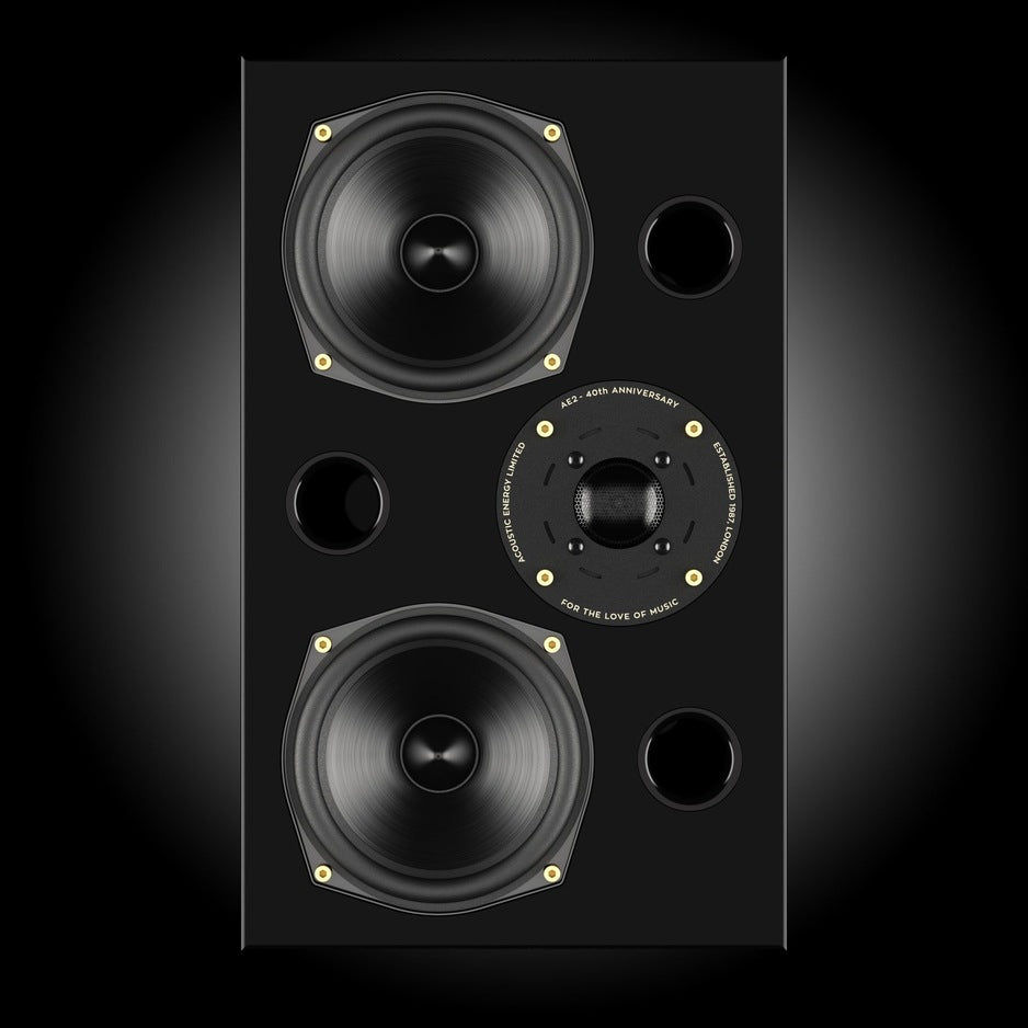 Acoustic Energy AE2 40th Anniversary Edition Bookshelf Speaker, High Gloss Black, front view showing the twin mid/bass drivers, triple ports and anniversary tweeter