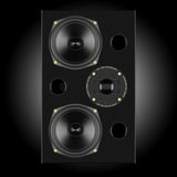 Acoustic Energy AE2 40th Anniversary Edition Bookshelf Speaker, High Gloss Black, front view showing the twin mid/bass drivers, triple ports and anniversary tweeter
