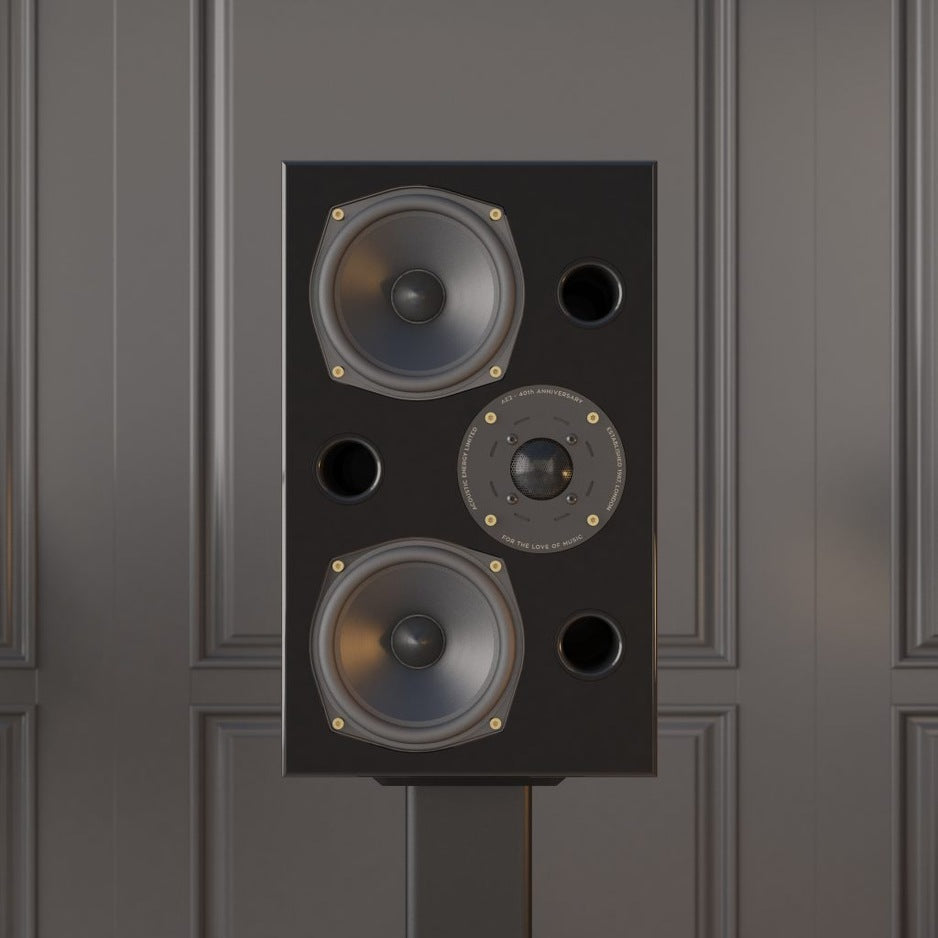 Acoustic Energy AE2 40th Anniversary Edition Bookshelf Speaker, High Gloss Black, lifestyle, on a stand in a listening room