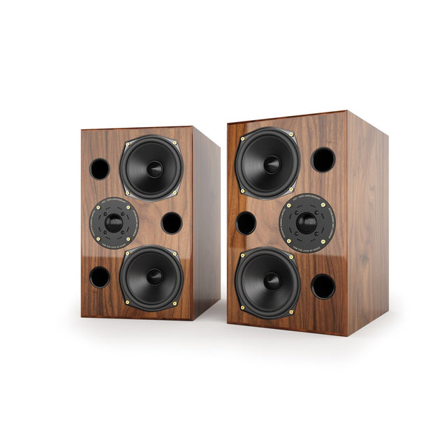 Acoustic Energy AE2 40th Anniversary Edition Bookshelf Speakers, High Gloss Walnut, three-quarter view of stereo pair