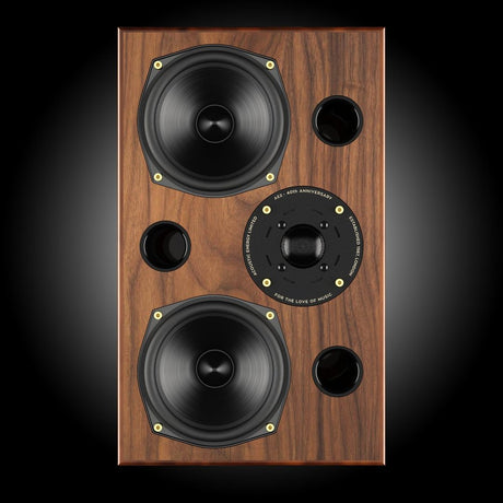 Acoustic Energy AE2 40th Anniversary Edition Bookshelf Speaker, High Gloss Walnut, front view showing the twin mid/bass drivers, triple ports and anniversary tweeter