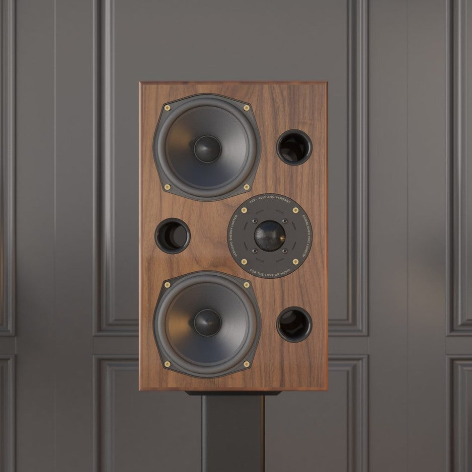 Acoustic Energy AE2 40th Anniversary Edition Bookshelf Speaker, High Gloss Walnut, lifestyle, on a stand in a listening room