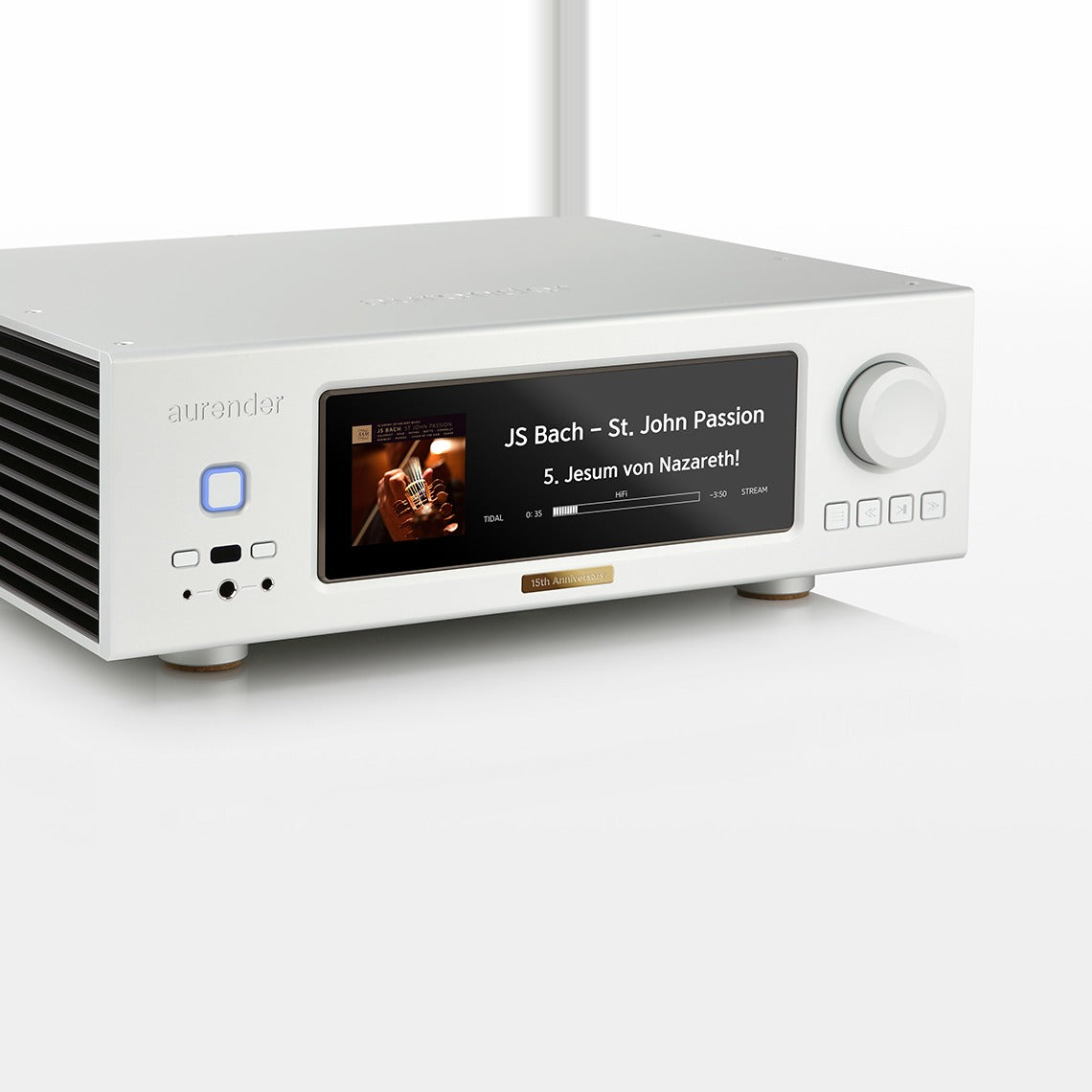 Aurender A1 15th Anniversary Edition Music Server, Silver, three-quarter view facing right