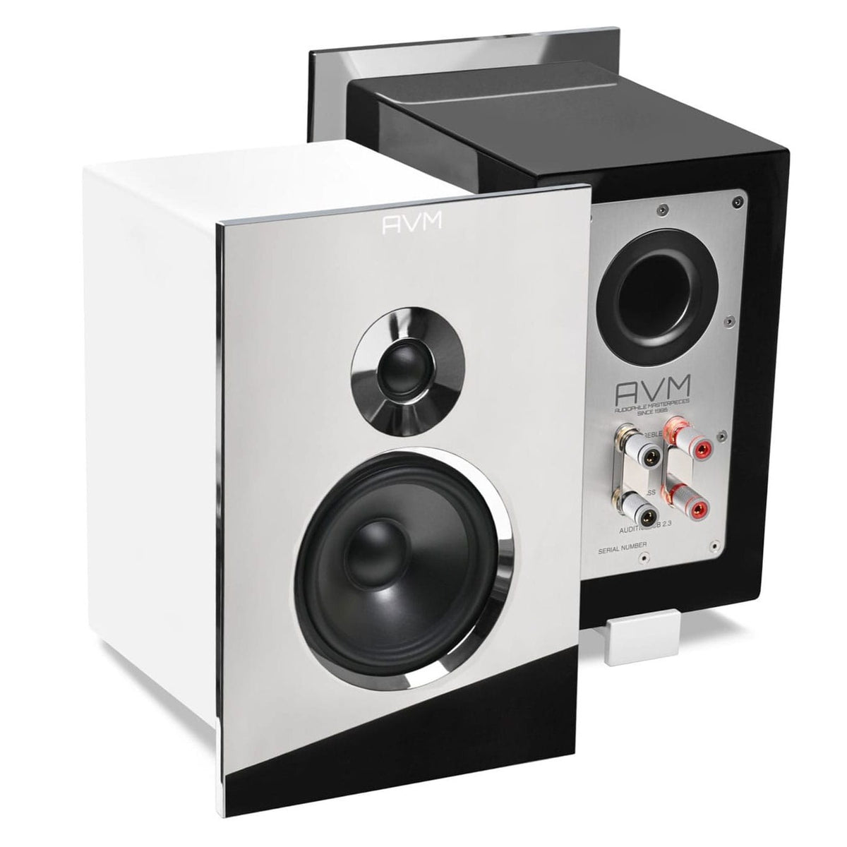 AVM Audition CB 2.3 Bookshelf Speakers (Pair), Cellini chrome front on Gloss White, front three-quarter view with a Gloss Black speaker from the rear