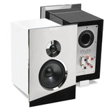 AVM Audition CB 2.3 Bookshelf Speakers (Pair), Cellini chrome front on Gloss White, front three-quarter view with a Gloss Black speaker from the rear