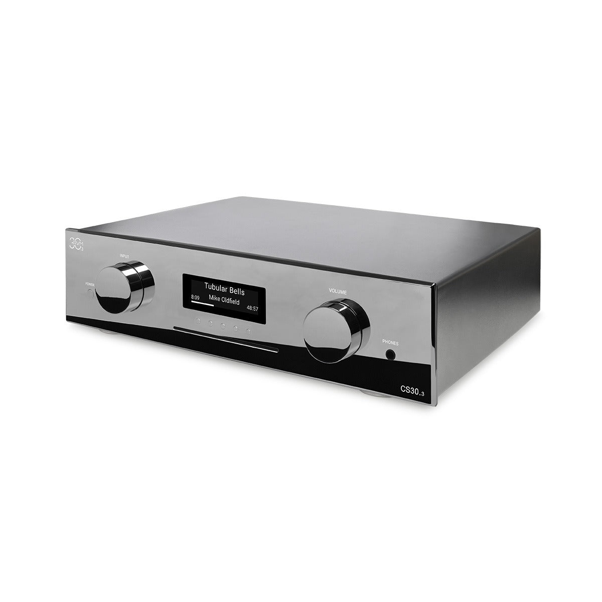 AVM CS 30.3 Streaming CD Receiver, Cellini chrome, three-quarter view facing left