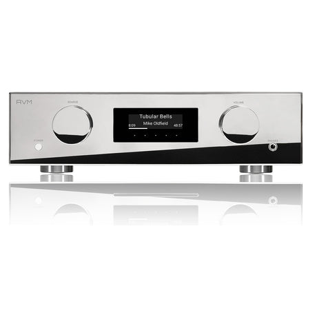 AVM Evolution AS 3.3 Streaming Integrated Amplifier, Cellini chrome, front view on a mirrored surface