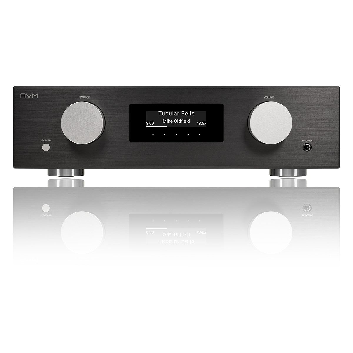 AVM Evolution AS 5.3 Streaming Integrated Amplifier, Black, front view on a mirrored surface
