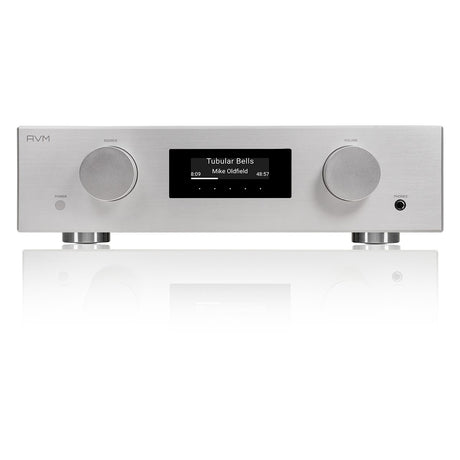AVM Evolution AS 5.3 Streaming Integrated Amplifier, Silver, front view on a mirrored surface