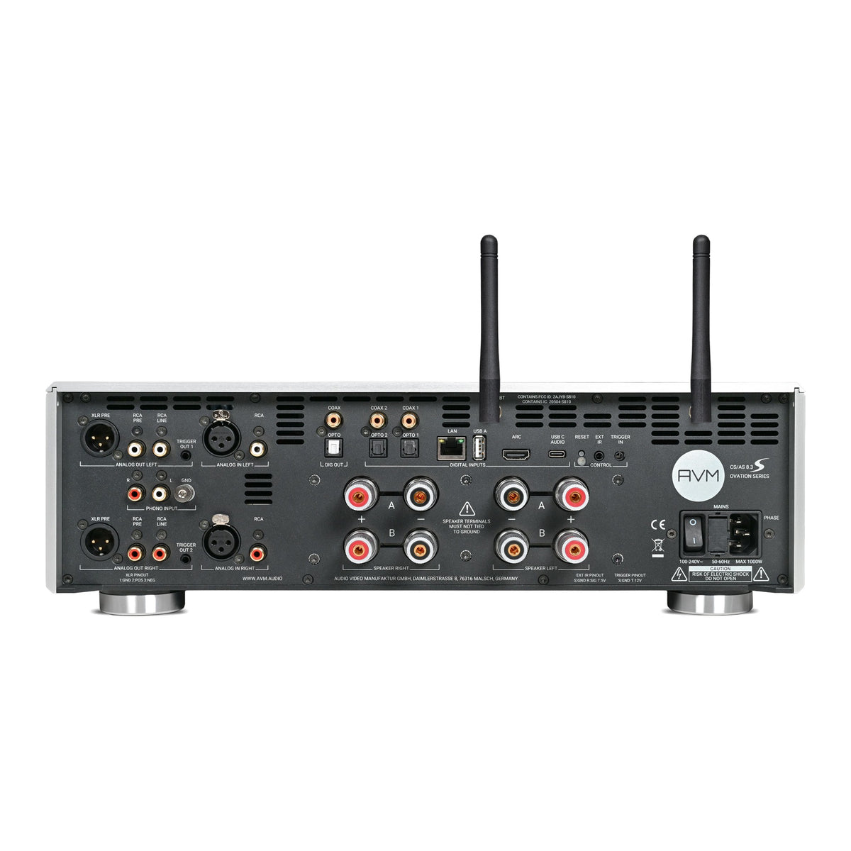 AVM Ovation AS 8.3 S Streaming Integrated Amplifier, Cellini chrome, rear connection panel