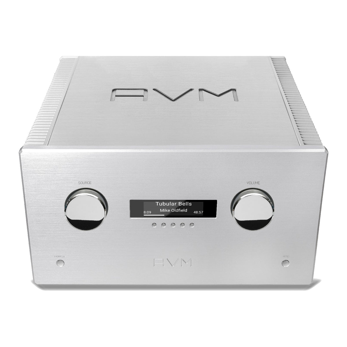 AVM Ovation AS XL Streaming Integrated Amplifier, Silver, elevated front view