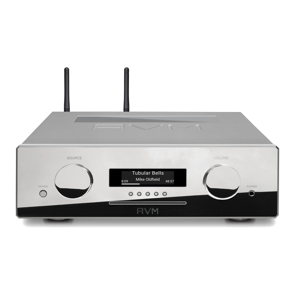 AVM Ovation CS 8.3 S Streaming CD Receiver, Cellini chrome, elevated front view