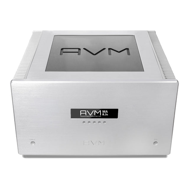 AVM Ovation MA 8.3 S Mono Power Amplifier, Silver, elevated front view