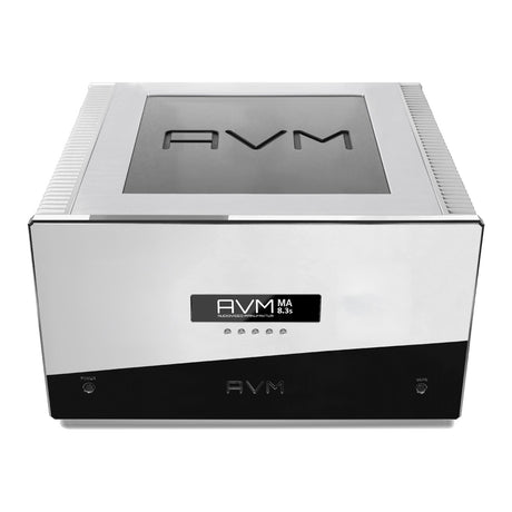 AVM Ovation MA 8.3 S Mono Power Amplifier, Cellini chrome, elevated front view